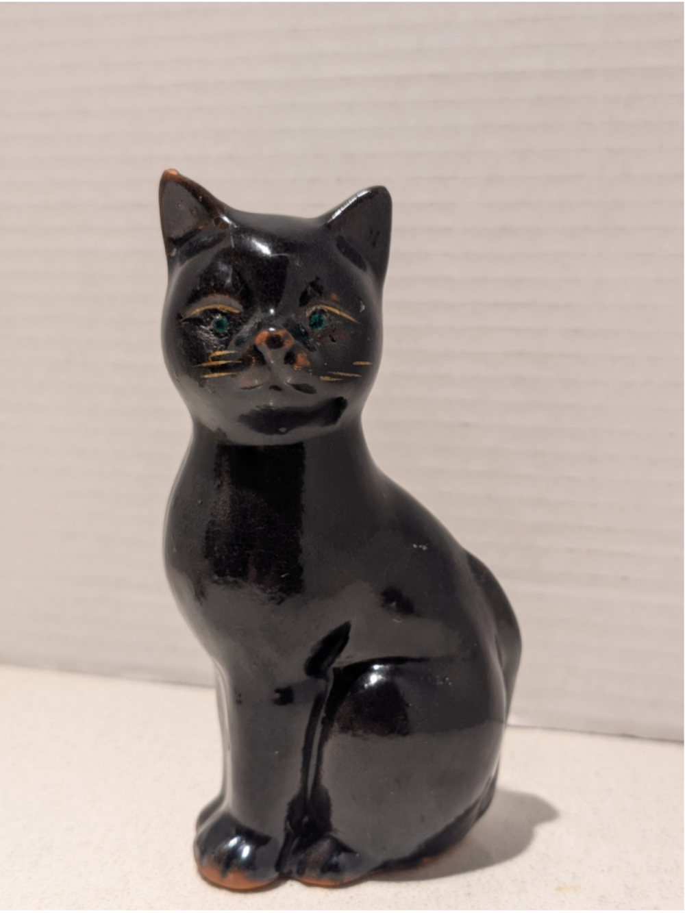 Vintage Japan Black Cat Figurine Emerald Green Eyes MCM Ceramic